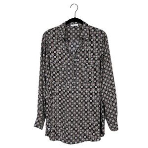 Pleione Medallion Print Half Button Down Collared Long Sleeve Top Size S